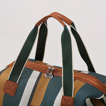 HUOHUO Women's Large Capacity Retro Striped Travel Handbag & Carry-On Luggage - Lightweight Nylon Suitcase with Adjustable Strap, Golden-Tone Hardware, Zipper Closure & Lining - Casual & Formal Use for Airplane, Train, Car Tr