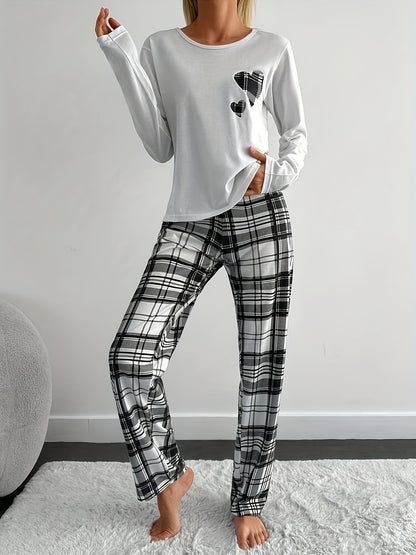 Women'S Cozy Plaid Pajama Set with Heart Print - Long Sleeve Crew Neck Top & Matching Pants, Soft & Comfortable for Fall/Winter, Casual Sleepwear, Casual Sleepwear|Plaid Pattern|Soft Fabric