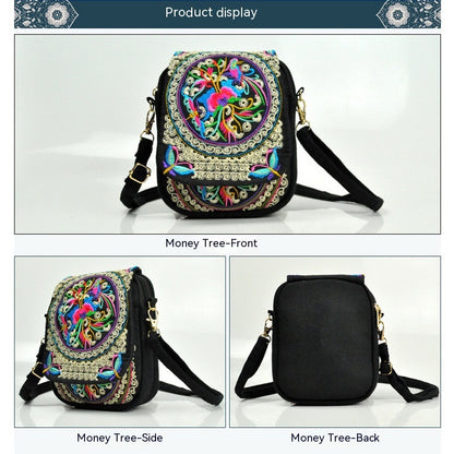 [Embroidered Crossbody] Lightweight Crossbody Bag | Women's Embroidered Mini Shoulder Bag with Detachable Strap - Floral Geometric Embroidery Design, Zipper Closure, Compact, Polyester Lined Interior (Navy/Purple/Red/Black)