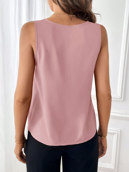 Solid Color V-neck Simple Blouse, Elegant Sleeveless Loose Blouse For Spring & Summer, Women's Clothing