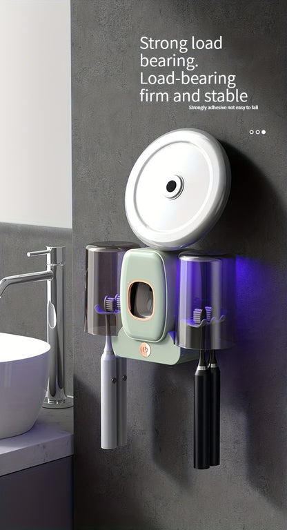 1pc Automatic Toothpaste Dispenser & Brush Holder, Toothbrush Holders With Automatic Toothpaste Squeezer Device For Bathrooms, Toothbrush Organizer With Cup, Wall Mounted Shower Room Decor Set
