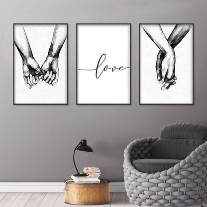 3pcs Love Hand in Hand Wall Decals - Black & White Sketch Couple Hands Canvas Painting Posters for Home Bedroom Living Room Decor - No Frame Needed