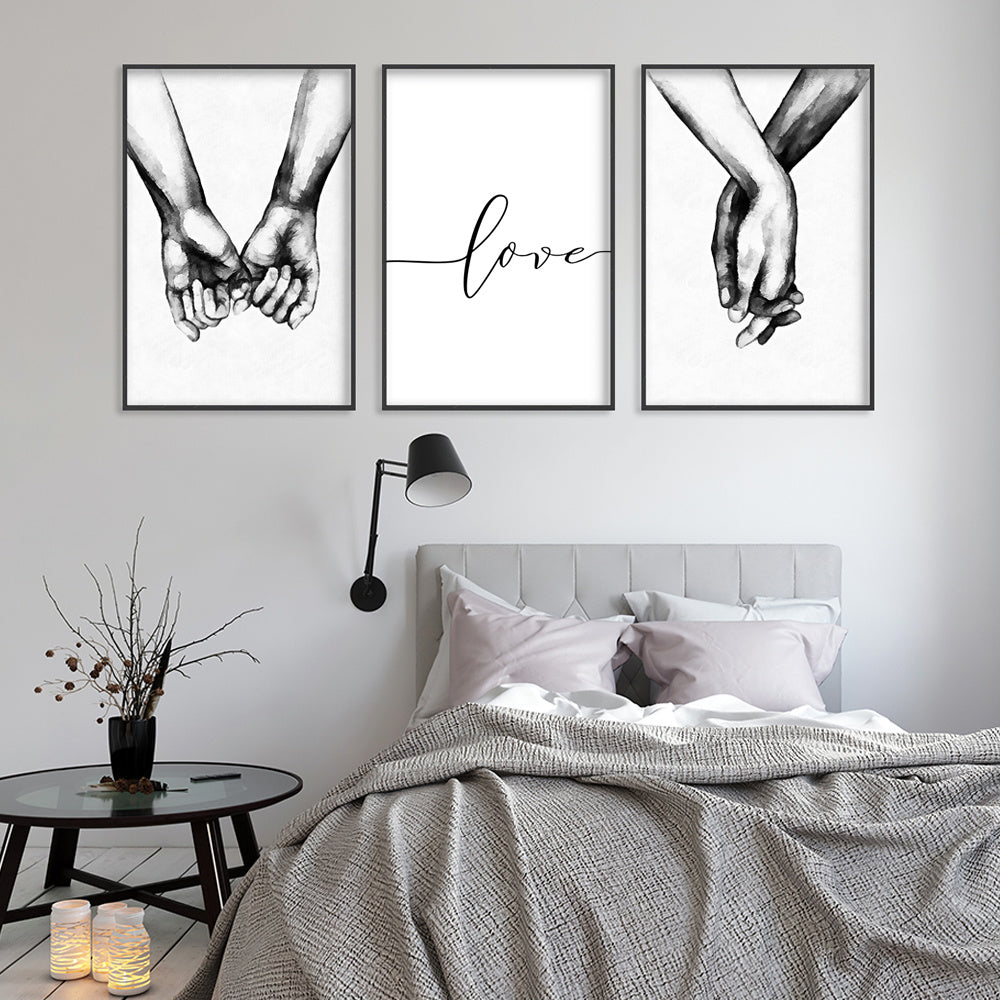 3pcs Love Hand in Hand Wall Decals - Black & White Sketch Couple Hands Canvas Painting Posters for Home Bedroom Living Room Decor - No Frame Needed