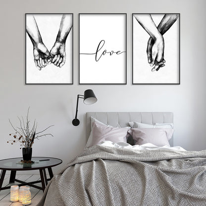 3pcs Love Hand in Hand Wall Decals - Black & White Sketch Couple Hands Canvas Painting Posters for Home Bedroom Living Room Decor - No Frame Needed
