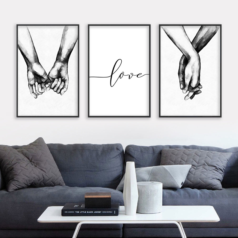 3pcs Love Hand in Hand Wall Decals - Black & White Sketch Couple Hands Canvas Painting Posters for Home Bedroom Living Room Decor - No Frame Needed