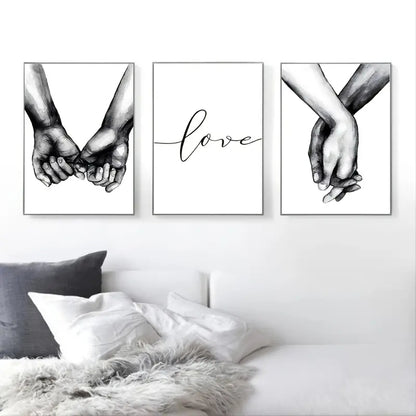 3pcs Love Hand in Hand Wall Decals - Black & White Sketch Couple Hands Canvas Painting Posters for Home Bedroom Living Room Decor - No Frame Needed