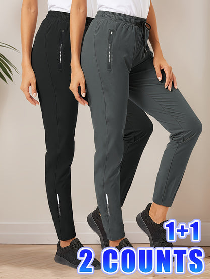 2pcs Women'S High-Waisted Stretchy Leggings with Drawstring Waist & Zipper Pockets - Lightweight Breathable Fabric for Jogging, Cycling, - All-Season Casual, Jogging Pants, Leggings, Sleek Design, Comfortable Fit