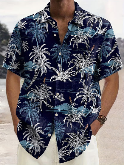 Men'S Casual Hawaiian Shirt with Coconut Tree Print, 100% Polyester, Short Sleeve, Button Front, Lapel Collar, Regular Fit, Woven Fabric, 110gsm - Spring/Summer Beachwear, Plus Size