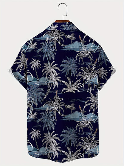 Men'S Casual Hawaiian Shirt with Coconut Tree Print, 100% Polyester, Short Sleeve, Button Front, Lapel Collar, Regular Fit, Woven Fabric, 110gsm - Spring/Summer Beachwear, Plus Size