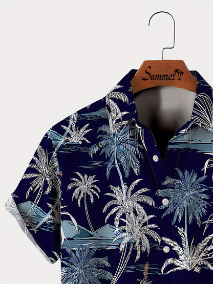 Men'S Casual Hawaiian Shirt with Coconut Tree Print, 100% Polyester, Short Sleeve, Button Front, Lapel Collar, Regular Fit, Woven Fabric, 110gsm - Spring/Summer Beachwear, Plus Size
