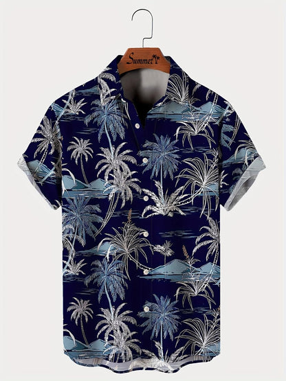 Men'S Casual Hawaiian Shirt with Coconut Tree Print, 100% Polyester, Short Sleeve, Button Front, Lapel Collar, Regular Fit, Woven Fabric, 110gsm - Spring/Summer Beachwear, Plus Size