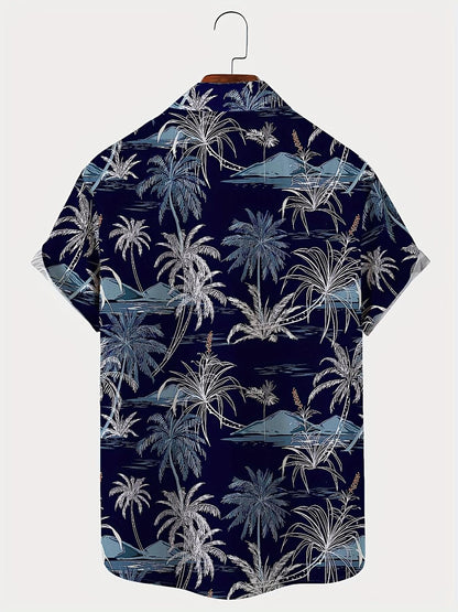 Men'S Casual Hawaiian Shirt with Coconut Tree Print, 100% Polyester, Short Sleeve, Button Front, Lapel Collar, Regular Fit, Woven Fabric, 110gsm - Spring/Summer Beachwear, Plus Size