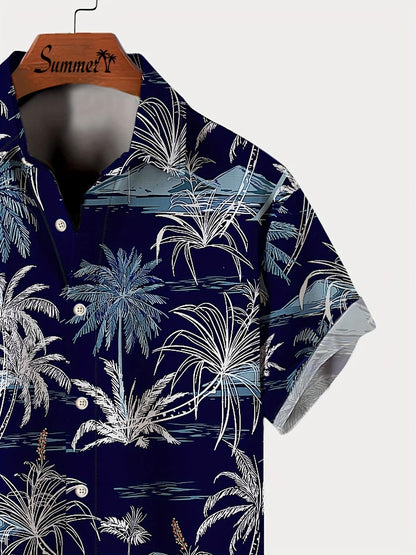Men'S Casual Hawaiian Shirt with Coconut Tree Print, 100% Polyester, Short Sleeve, Button Front, Lapel Collar, Regular Fit, Woven Fabric, 110gsm - Spring/Summer Beachwear, Plus Size