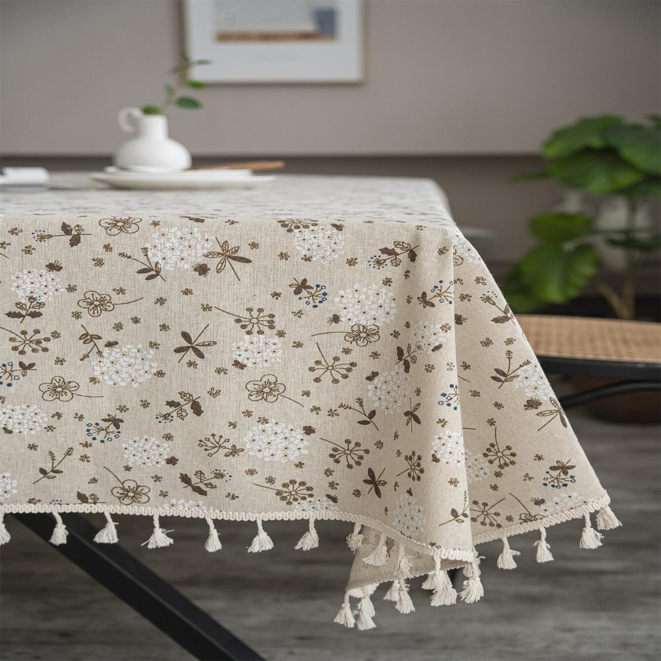 1pc Dandelion Beige Tassel Tablecloth, Bohemian Chic Farmhouse Style Retro Tablecloth, Suitable For Kitchen Dining, Buffet Table, Holiday Dinner, Party, Banquet, Restaurant, Wedding, Home Decor