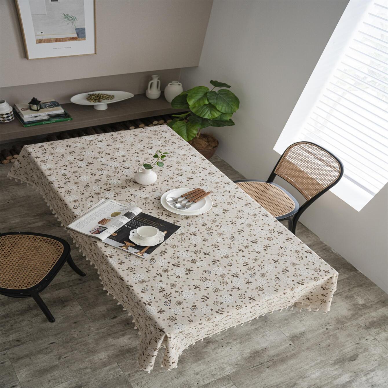 1pc Dandelion Beige Tassel Tablecloth, Bohemian Chic Farmhouse Style Retro Tablecloth, Suitable For Kitchen Dining, Buffet Table, Holiday Dinner, Party, Banquet, Restaurant, Wedding, Home Decor