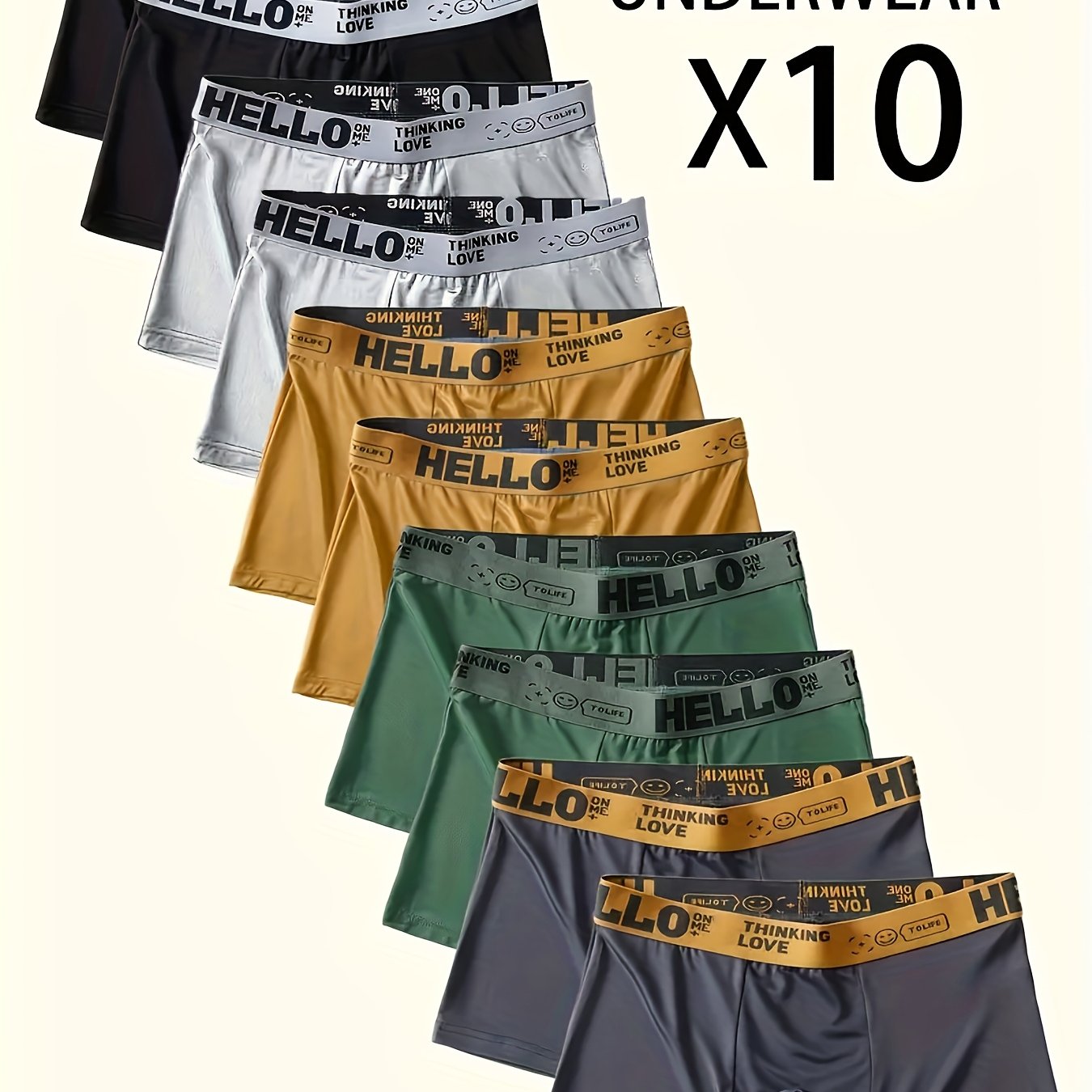 Men's 10-Pack "Hello" Print Boxer Briefs with HELLO Lettering on Waistband, High Elastic Knit Fabric, 95% Polyester 5% Spandex, Solid Color Casual Underwear Shorts