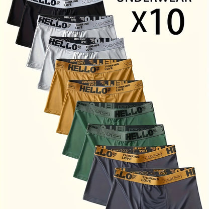Men's 10-Pack "Hello" Print Boxer Briefs with HELLO Lettering on Waistband, High Elastic Knit Fabric, 95% Polyester 5% Spandex, Solid Color Casual Underwear Shorts