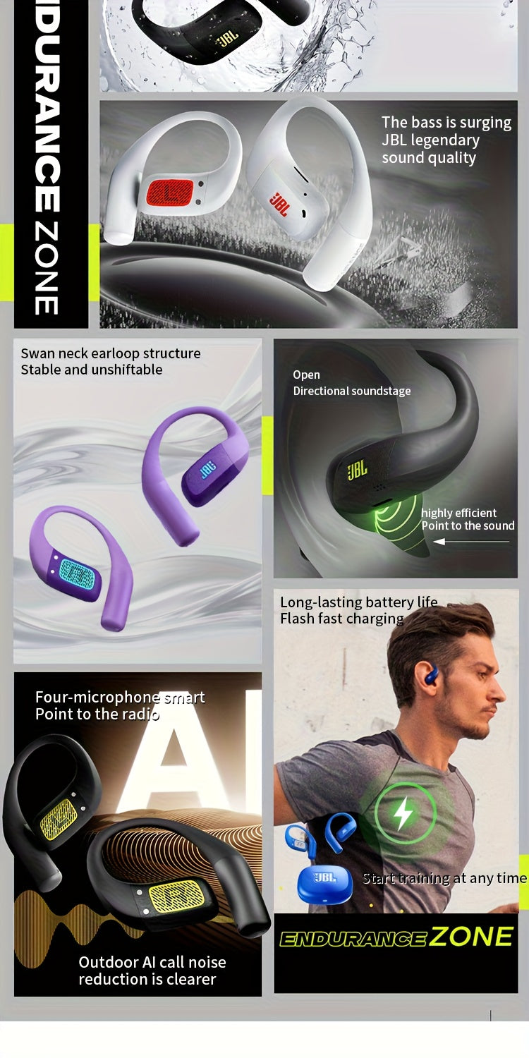 For JBL ZONE True Wireless Open-Ear Sports Headphones, Neckband Wireless Earbuds for Swimming, Cycling, Running, Long Battery Life, High-Quality Sound, Clear Call and Music Output, USB-C Charging, Rechargeable Battery, Black