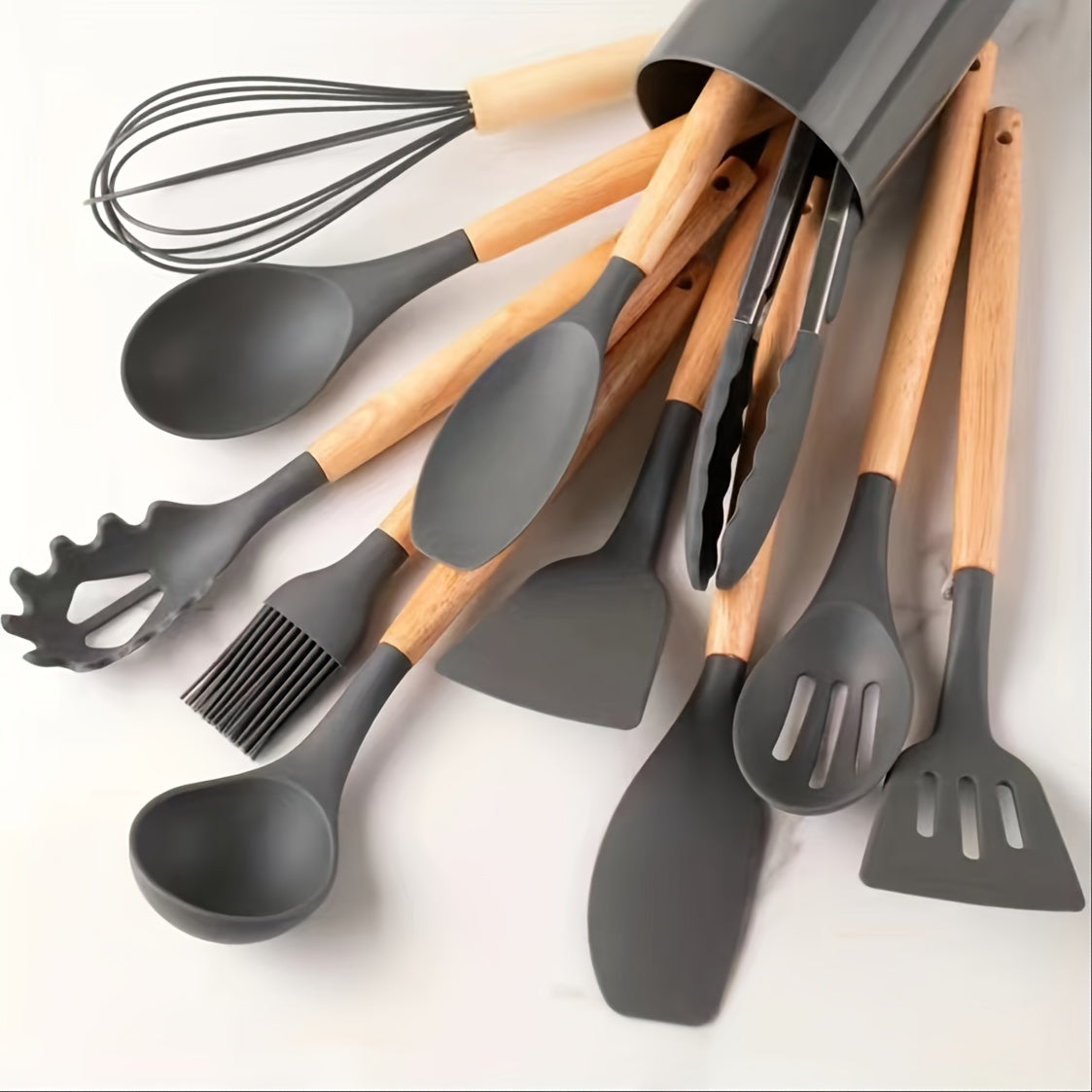 12pcs, Silicone Utensil Set, Khaki Kitchen Utensil Set With Wooden Handle, Safety Cooking Utensils Set, Non-Stick Kitchen Tools Set, Washable Modern Cookware, Kitchen Stuff, Kitchen Gadgets Kitchen Accessories