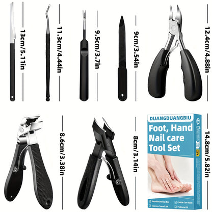 7pcs Stainless Steel Nail Care Kit for Ingrown & Thick Toenails - Heavy-Duty Clippers Set with Nail File, Cuticle Nippers, And Grooming Tools - Classic Black Handles for Men, Women, Seniors, Halloween Gift, DUANGDUANGBIU
