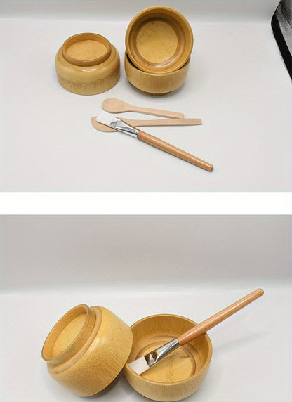 4pcs Bamboo DIY Face Mask Mixing Kit - Includes Bowl, Spatula, Brush & Beauty Scoop - Alcohol-Free, No Batteries Required