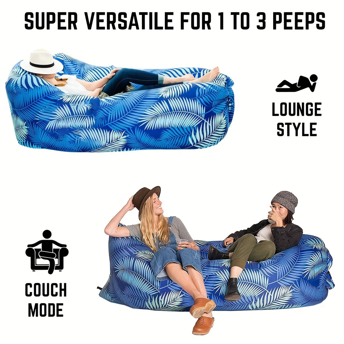 1pc Large Inflatable Sofa Chair - Heavy-Duty Oxford Fabric Portable Air Bed/Seat, Foldable Self-Inflating Couch for Adults &, No Needed, Ideal for Camping, Beach, Music Festivals, Backyard (Takes Air from Mouth, Chaise Pliant