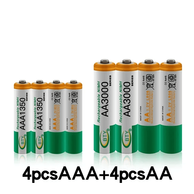4-20 unidades de pilhas recarregáveis ​​AA+AAA de 1,2V (AA3000mAh + AAA1350mAh) de níquel-hidrogénio, adequadas para câmaras fotográficas, brinquedos, automóveis, computadores, relógios, rádios, videojogos e câmaras digitais.