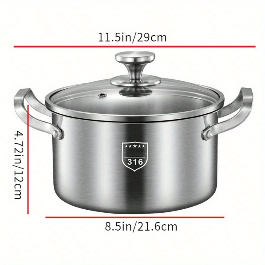 Premium Stainless Steel Soup Pot with Lid - Induction Compatible, Thickened Double-Handle Design for Home Cooking, Steaming, and Soup Preparation - Perfect for Outdoor Camping, Uncharged Power Source, Camping Cookware|Sleek C