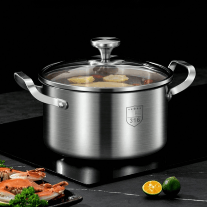 Premium Stainless Steel Soup Pot with Lid - Induction Compatible, Thickened Double-Handle Design for Home Cooking, Steaming, and Soup Preparation - Perfect for Outdoor Camping, Uncharged Power Source, Camping Cookware|Sleek C