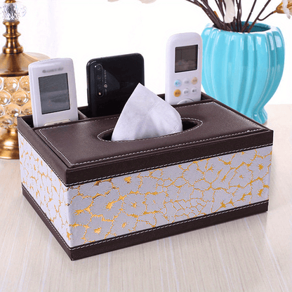 LDQ Multi-Functional Faux Leather Tissue&Storage Box with 4 Compartments Includes Remote Control&Household Napkin Storage, Wipe-Clean in Seconds, Ideal for Living Room, Study&Café Countertops Perfect for Home Supplies Back t