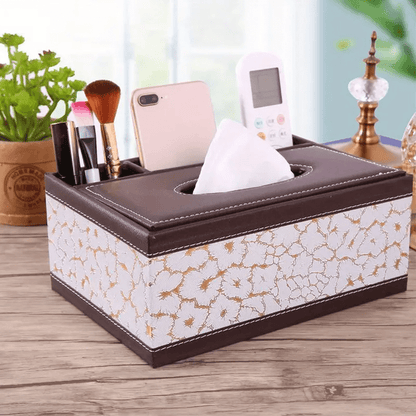 LDQ Multi-Functional Faux Leather Tissue&Storage Box with 4 Compartments Includes Remote Control&Household Napkin Storage, Wipe-Clean in Seconds, Ideal for Living Room, Study&Café Countertops Perfect for Home Supplies Back t