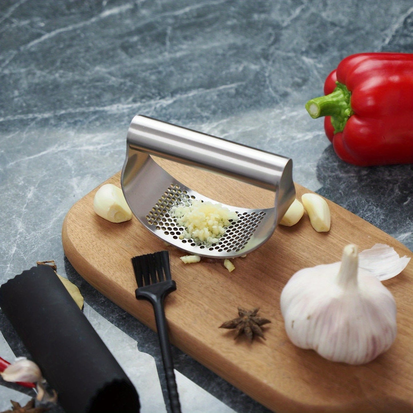 Heavy-Duty Manual Garlic Press & Crusher - 304 Stainless Steel Garlic Grinder with Lever, Adjustable Thickness, Easy-Clean Mincer for Kitchen & Restaurant Use - Garlic Peeler, Crusher (No /Squeeze)