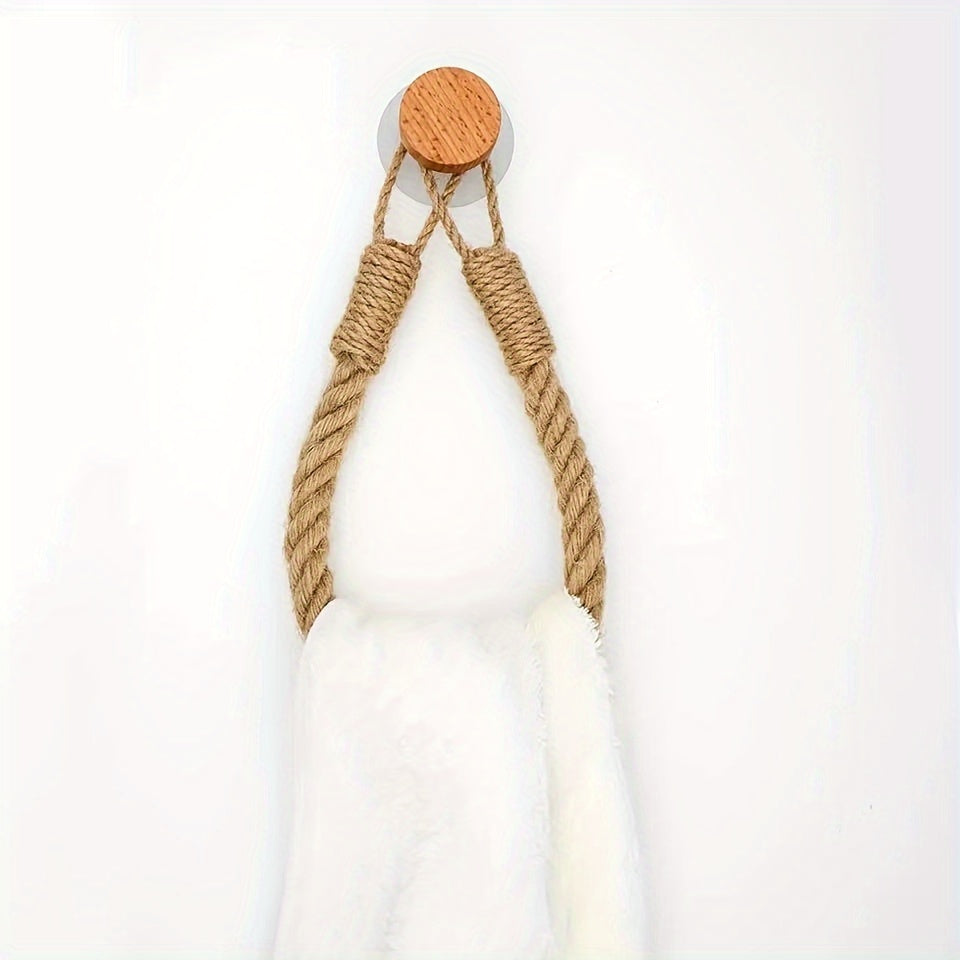 1pc LDQ Hemp Rope Paper Towel Holder, Solid Wood Rope Weaving, Fragrance-Free Fabric Towel Storage Rack, Creative No-Punch Wall-Mounted Roll Paper Holder