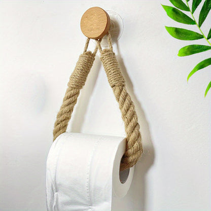 1pc LDQ Hemp Rope Paper Towel Holder, Solid Wood Rope Weaving, Fragrance-Free Fabric Towel Storage Rack, Creative No-Punch Wall-Mounted Roll Paper Holder