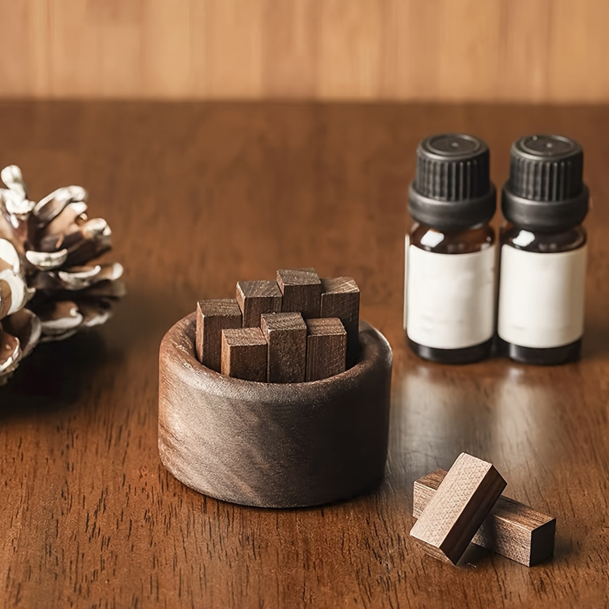 Passive, Walnut Wood Essential Oil Diffuser Set - Fireless, Battery-Free, Slow Release Fragrance for Relaxation & Home Decor