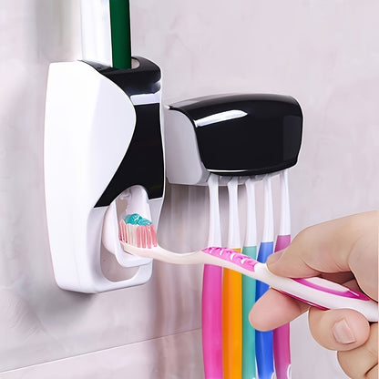 Automatic Toothpaste Dispenser and Toothbrush Holder Set - Plastic, Wall Mounted, Manual Operation, Holds Multiple Brushes, Space Saving Design, Perfect for Bathroom Organization