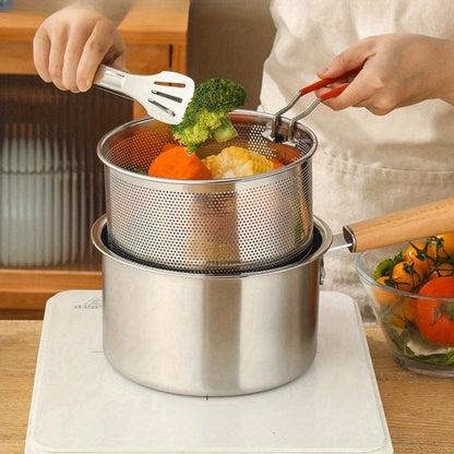 Versatile Stainless Steel Cooking Pot with Strainer - Perfect for Frying, Soup, Pasta & More - Compatible with Induction & Gas Stoves, Oil Frying, Milk Pot, Auxiliary Food Pot