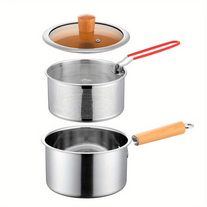 Versatile Stainless Steel Cooking Pot with Strainer - Perfect for Frying, Soup, Pasta & More - Compatible with Induction & Gas Stoves, Oil Frying, Milk Pot, Auxiliary Food Pot