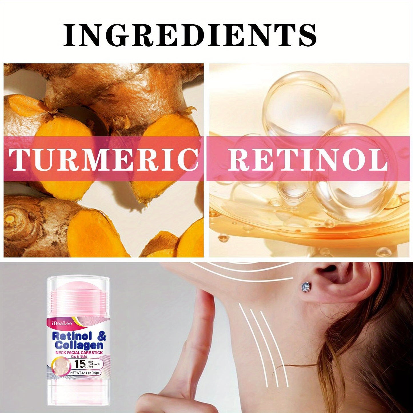 Stick Refirmante para o Pescoço com Retinol e Colagénio: Hidratante Facial com Complexo de Retinol e Colagénio 5% - Redutor de Papada - Creme de Dia e Noite - Creme Facial Refirmante e Hidratante, 40g/1,41oz