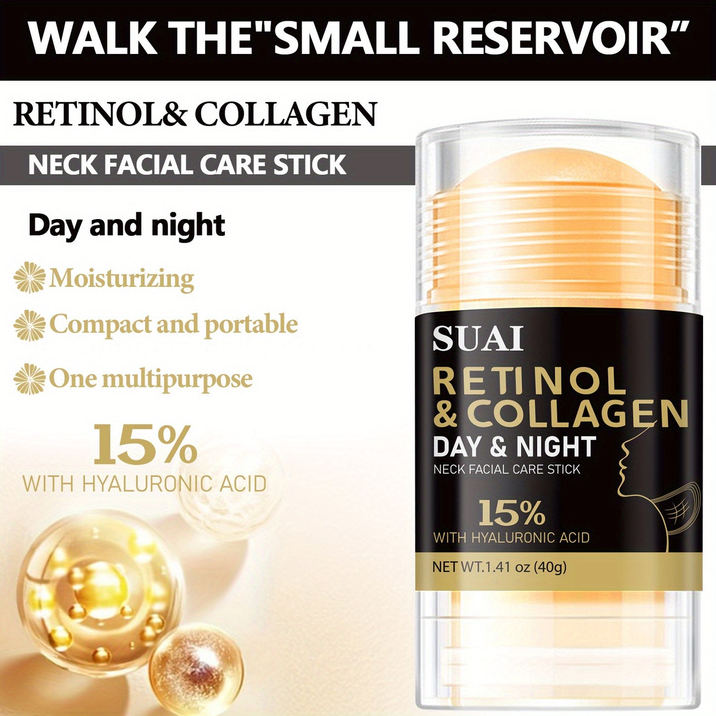 40g Retinol & Collagen Neck And Face Care Stick - Hydrating, Firming, Moisture-Locking, Easy Absorb, Hyaluronic Acid & Almond Oil Infused for All Light Beige Types, Hypoallergenic, Replenishes Light Beige