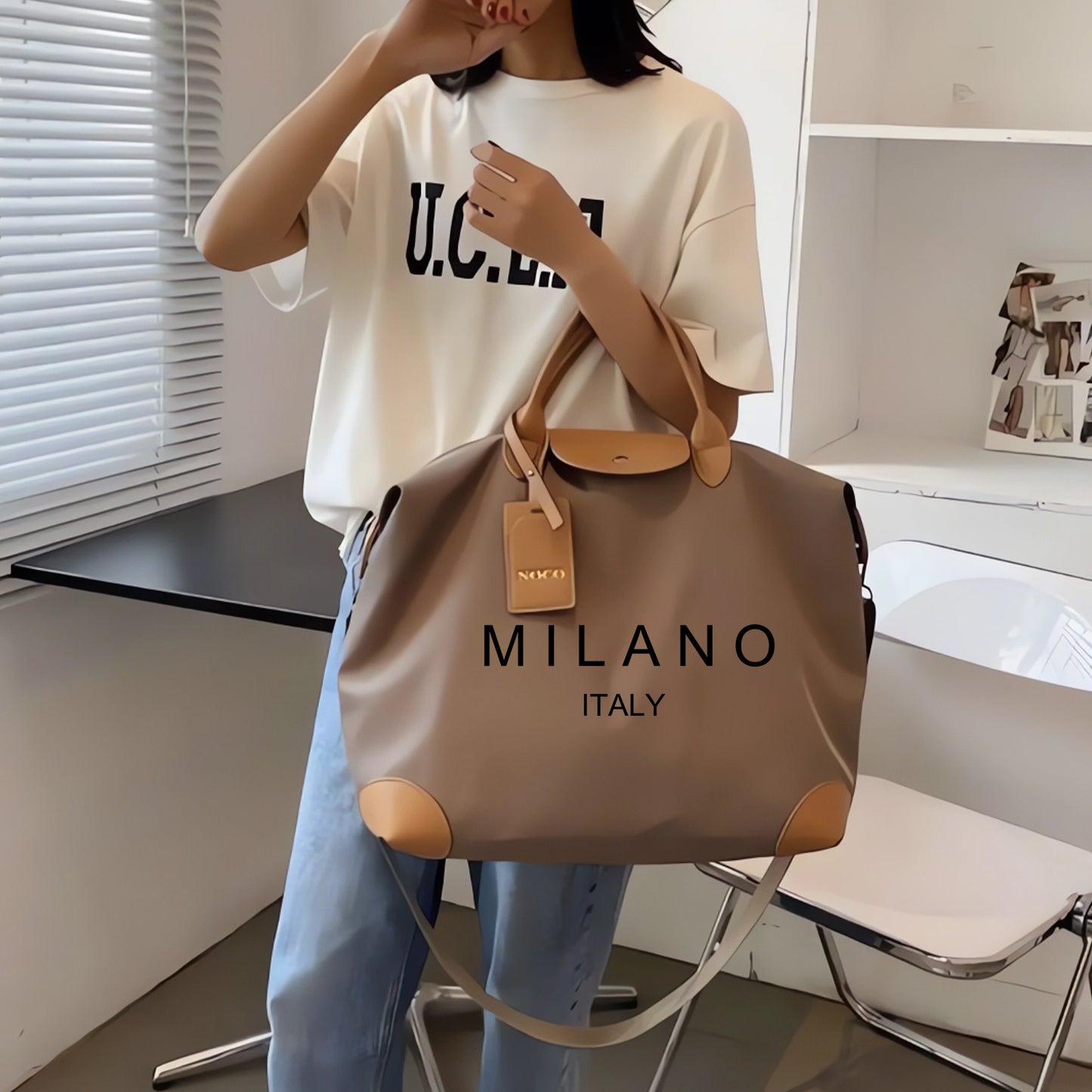 1pc MILANO Printed Crossbody Bag - High-Capacity Adjustable Strap Handbag with Double Handles, Lightweight Polyester Lining, Minimalist Design for Daily Commute & Vacation, For Teenager