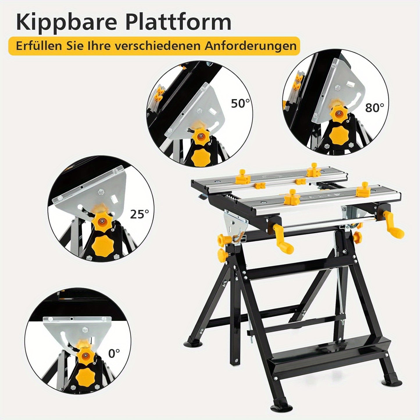 Heavy-Duty Folding Workbench with Adjustable Height & Tilting Platform, 7-Step Height Adjustment, Quick-Release Foot Pedal, Extendable Table Top (30-48cm), 8 Sliding Non-Damaging Clamps, Protractor & Ruler, Metal Frame for Wo