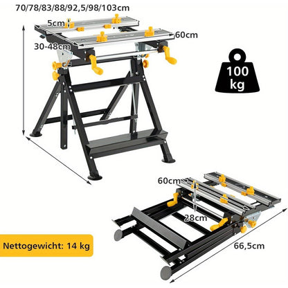 Heavy-Duty Folding Workbench with Adjustable Height & Tilting Platform, 7-Step Height Adjustment, Quick-Release Foot Pedal, Extendable Table Top (30-48cm), 8 Sliding Non-Damaging Clamps, Protractor & Ruler, Metal Frame for Wo