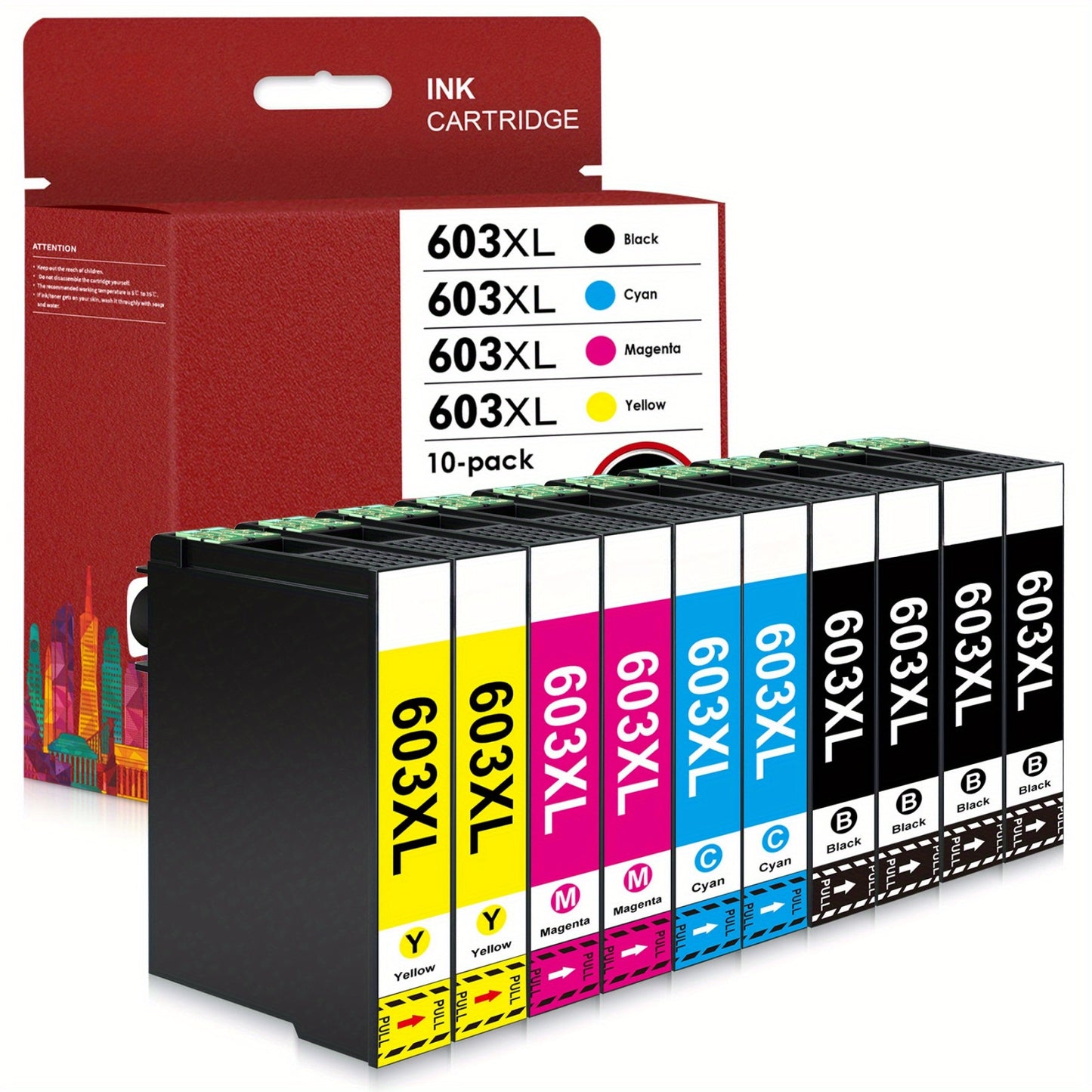 tinteiros 603XL compatíveis com as impressoras Epson Expression Home XP-2100, XP-2150, XP-3100, XP-3105, XP-3150, XP-4100, XP-4155, Workforce WF-2810, WF-2830, WF-2835, WF-2840 e WF-2850 (embalagem com 10 unidades).
