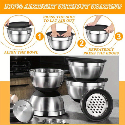 17pcs Stainless Steel Mixing Bowl Set with Sealing Lids & Grater - Non-Slip, Rust-Resistant Kitchen Gadgets for Salads & More - Includes 7QT to 1QT Sizes