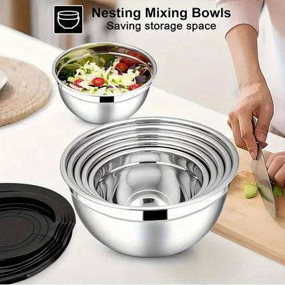 17pcs Stainless Steel Mixing Bowl Set with Sealing Lids & Grater - Non-Slip, Rust-Resistant Kitchen Gadgets for Salads & More - Includes 7QT to 1QT Sizes