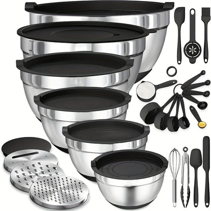 17pcs Stainless Steel Mixing Bowl Set with Sealing Lids & Grater - Non-Slip, Rust-Resistant Kitchen Gadgets for Salads & More - Includes 7QT to 1QT Sizes