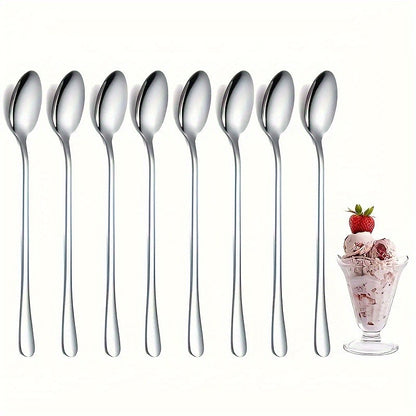 8pcs Stainless Steel Long Handle Spoons - Ideal for Ice Tea, Coffee, and Ice Cream, Dishwasher Safe, Perfect Kitchen Accessories Set, Coffee Spoon Set|Sleek Spoon Design|Durable Kitchenware