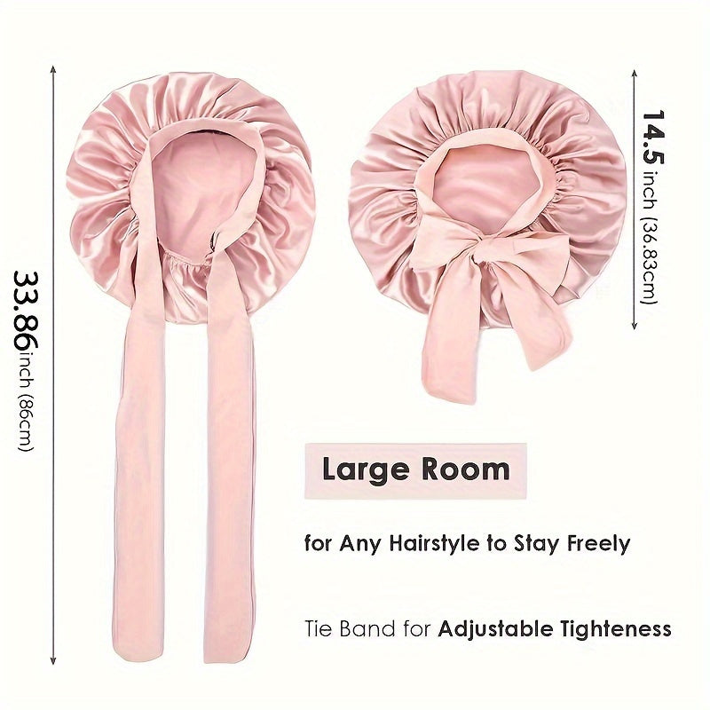 Luxurious Pink Satin Sleep Cap for Women - Adjustable, Silk-Like Night Hat with Bowknot, Ideal for Curly Hair, Nylon-Polyamide Blend, Fragrance-Free - Perfect Gift for Ladies