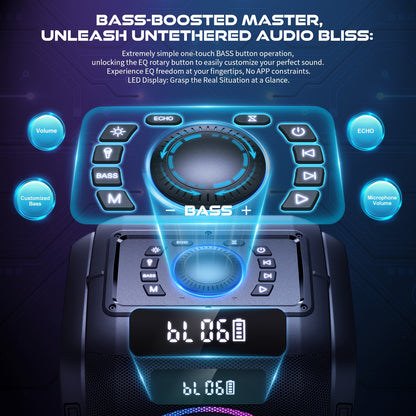 Powerful W-KING 200W peak wireless speaker with massive 120dB soundstage and DSP chip, 12-level bass adjustment, Big Party Boombox portable speaker with super deep bass, dynamic light show, 6.35mm microphone input, TF card sl